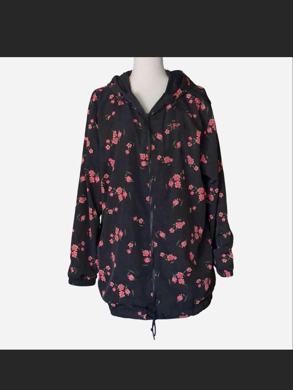 VS PINK Black Floral Long Anorak Windbreaker Jacket M/L